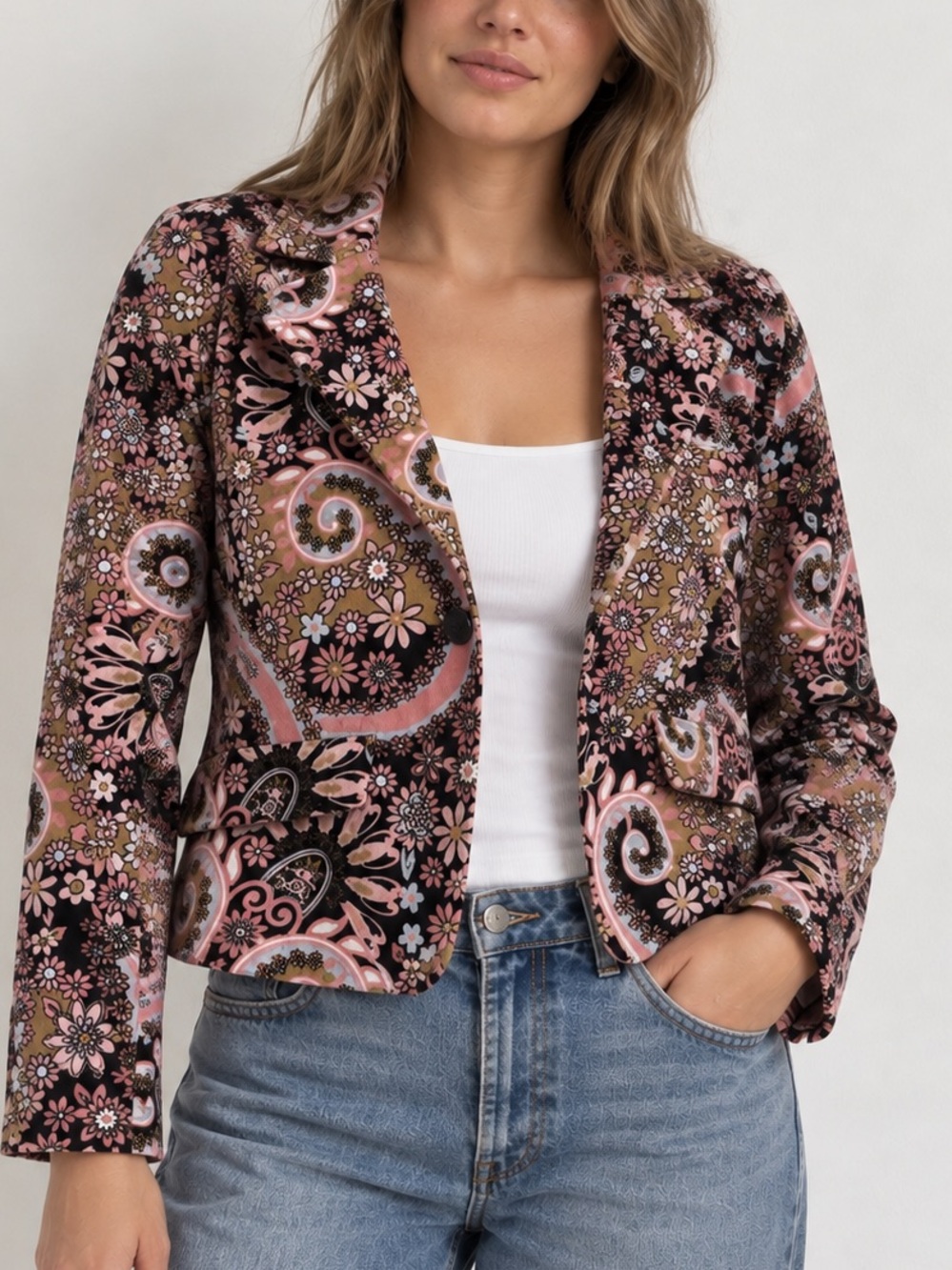 Y2K My Michelle Blazer Jacket Brown Pink Floral Womens Button Front Size XL